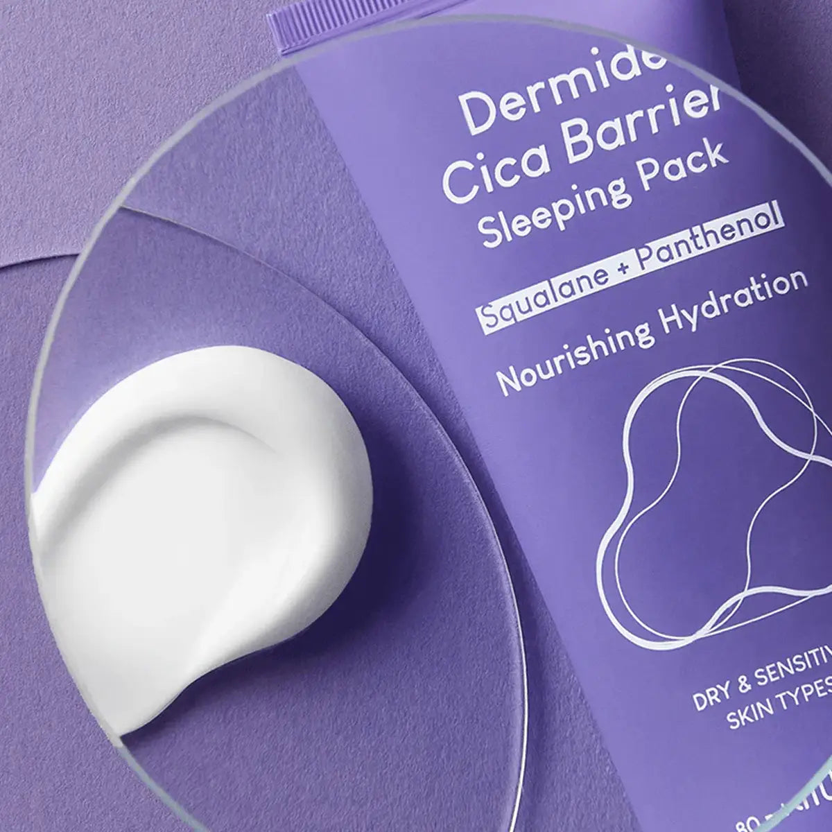 Dermide Cica Barrier Sleeping Pack with white cream on purple packaging