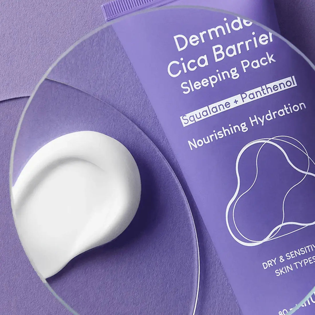 Dermide Cica Barrier Sleeping Pack with white cream on purple packaging