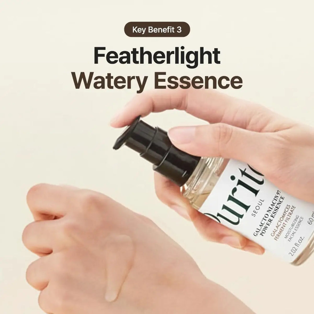 Purito Galacto Niacin 97 Power Essence 60mL being applied for a lightweight, watery texture.