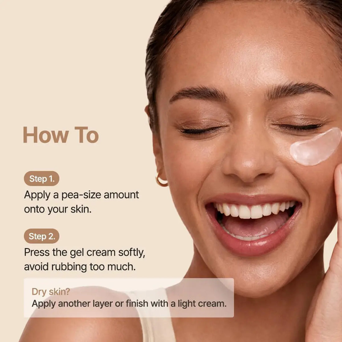 Woman applying cream to her face with text on how to use it