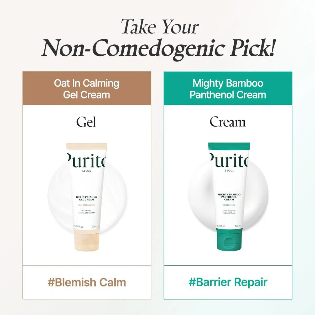 Two Purite skincare products with labels for 'Oat In Calming Gel Cream' and 'Mighty Bamboo Panthenol Cream' on a white background.