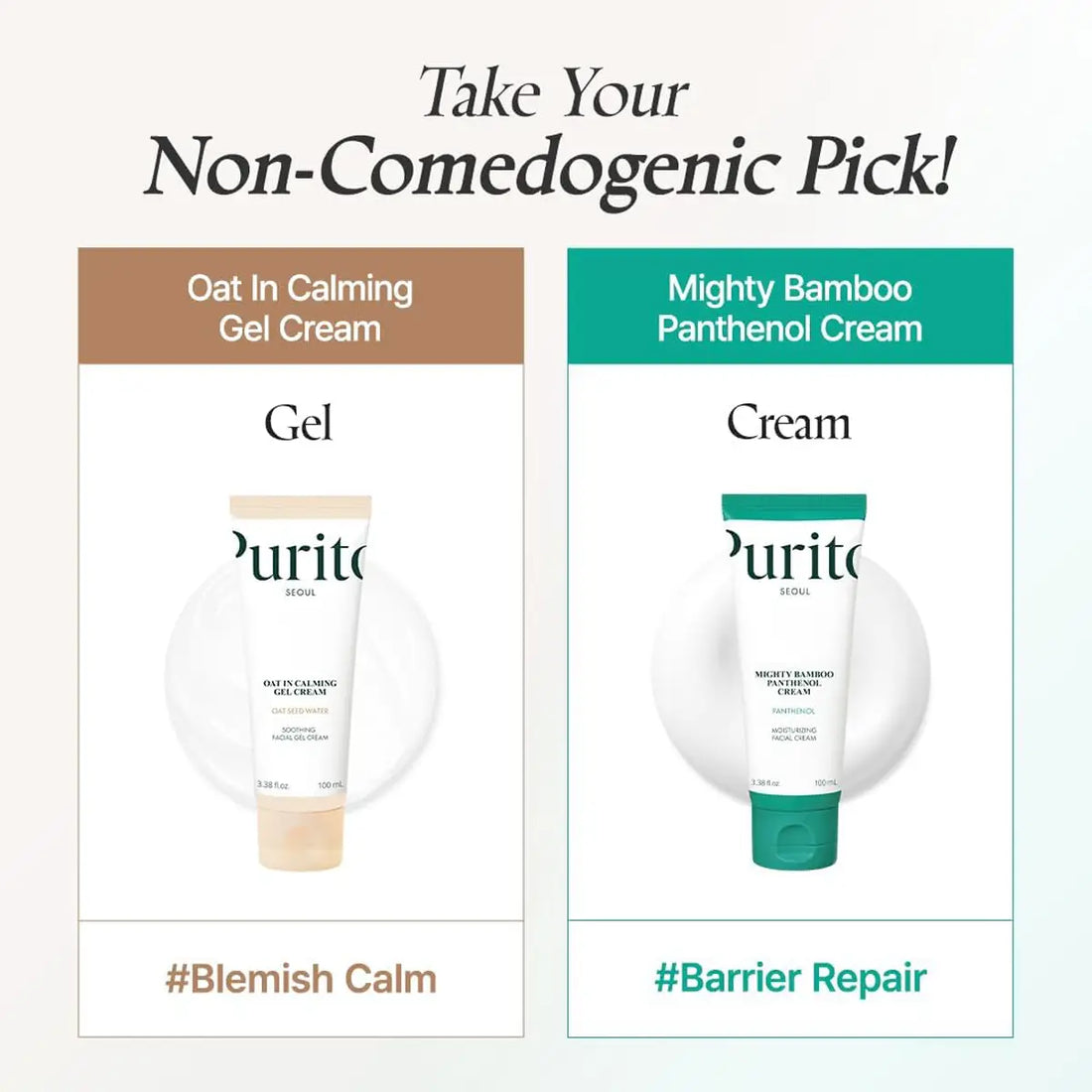 Two Purite skincare products with labels for 'Oat In Calming Gel Cream' and 'Mighty Bamboo Panthenol Cream' on a white background.