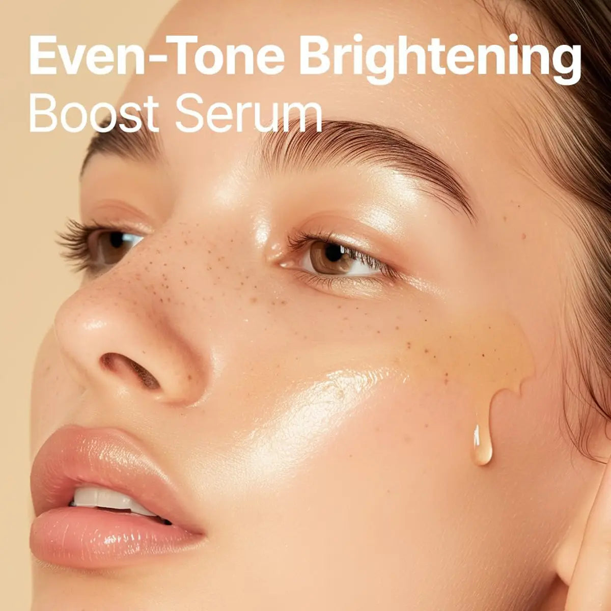Close-up of a woman's face with Even-Tone Brightening Boost Serum applied, on a beige background.