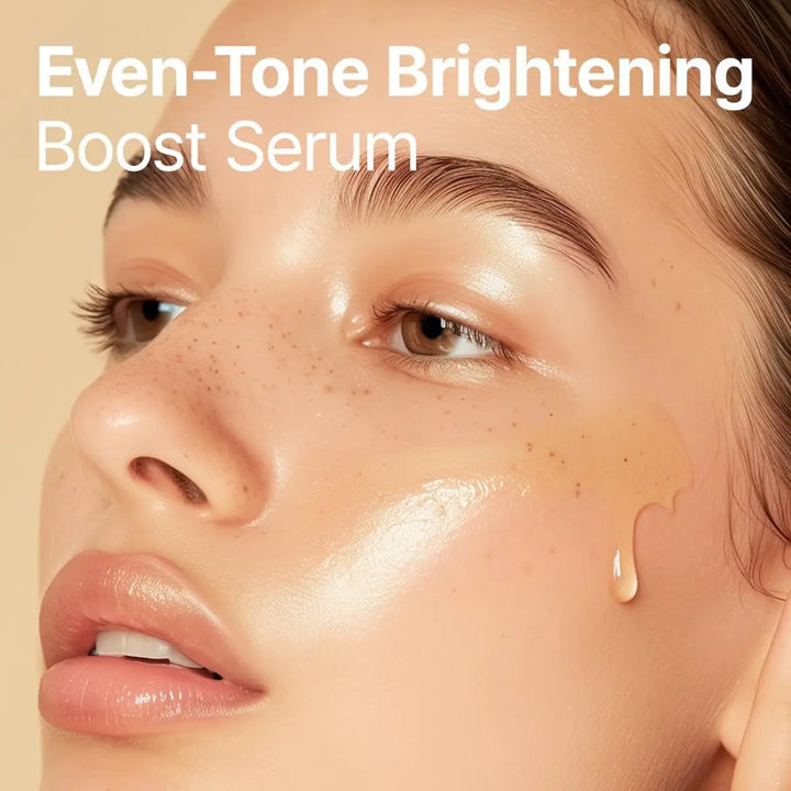 Close-up of a woman's face with Even-Tone Brightening Boost Serum applied, on a beige background.