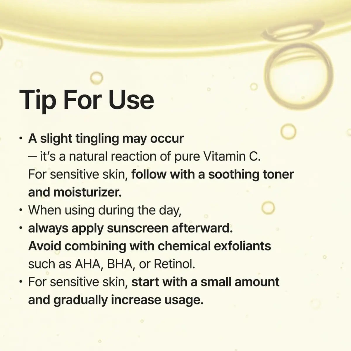Instructions for using a skincare product with text and bubbles on a light background
