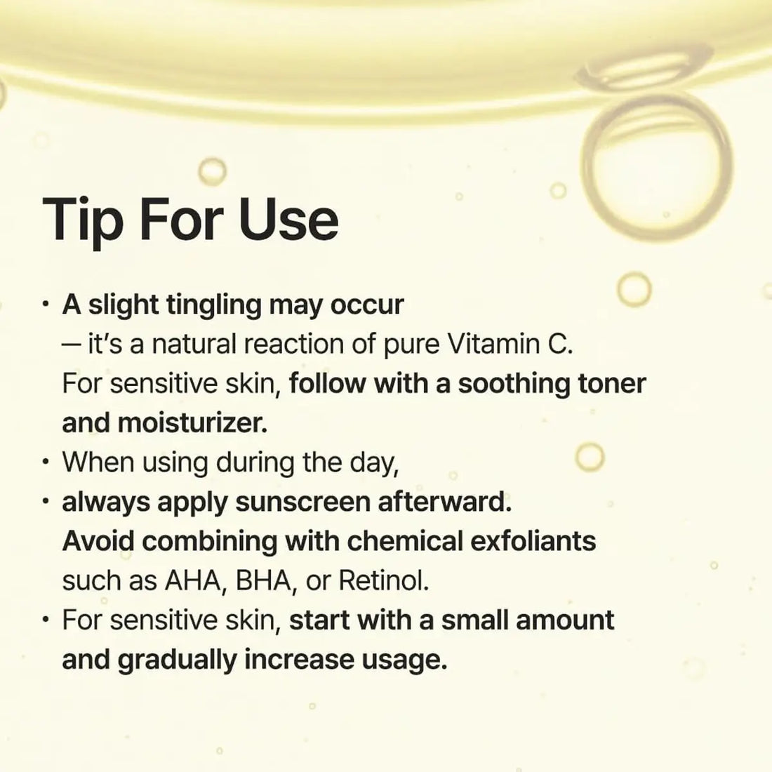 Instructions for using a skincare product with text and bubbles on a light background