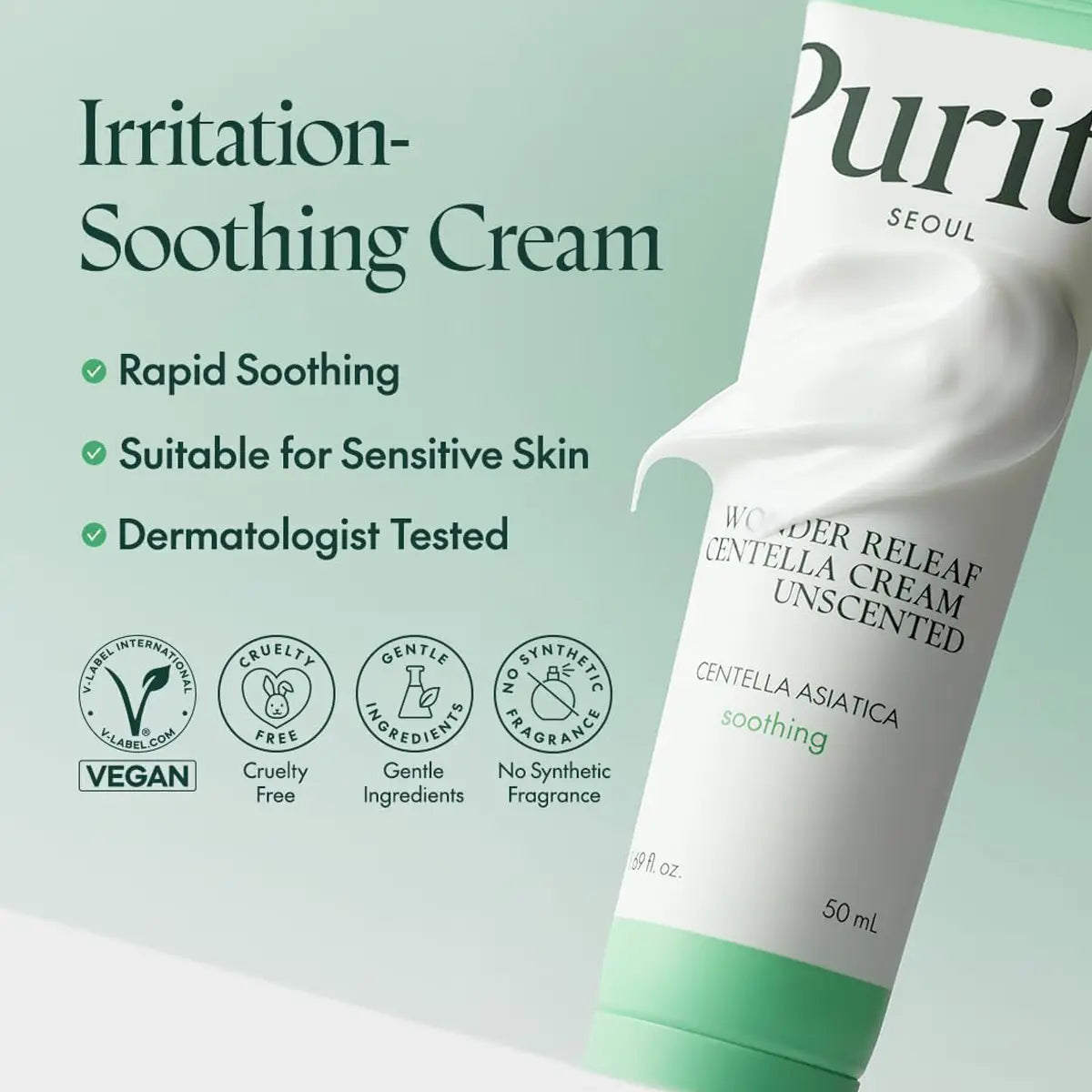 Purity Seoul irritation-soothing cream with product details on a light green background