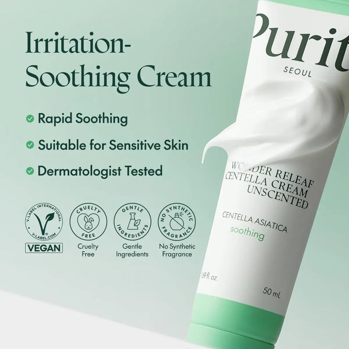 Purity Seoul irritation-soothing cream with product details on a light green background