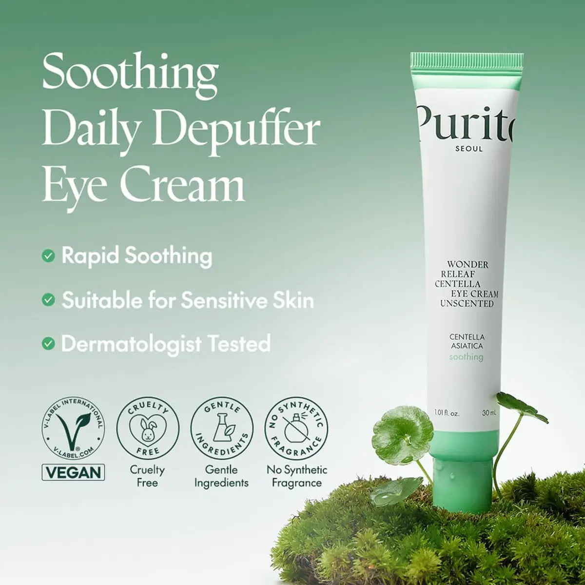 Purito Wonder Relief Centella Eye Cream tube with green background and product details.