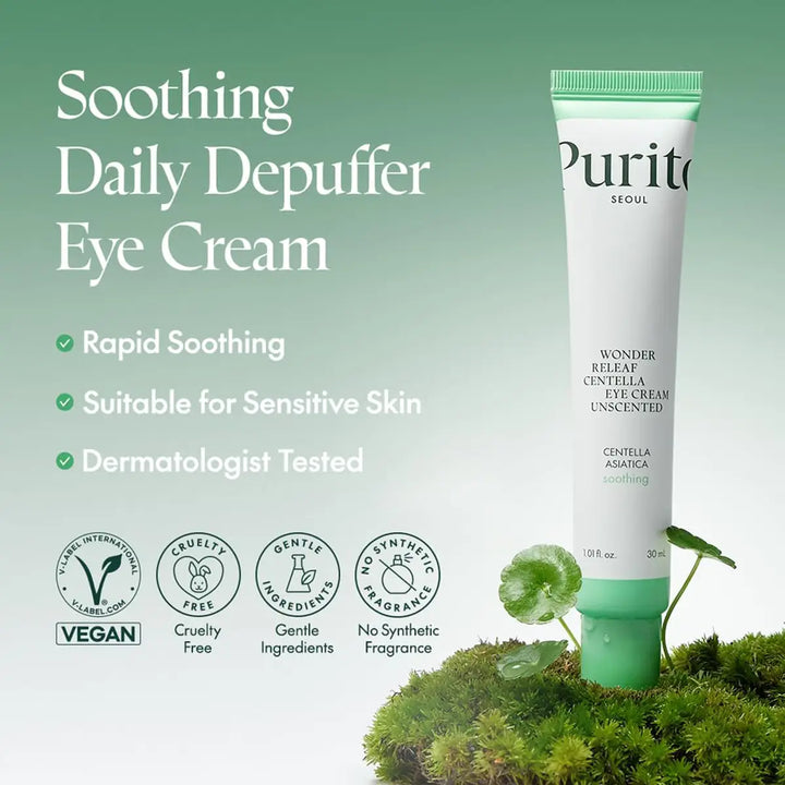 Purito Wonder Relief Centella Eye Cream tube with green background and product details.