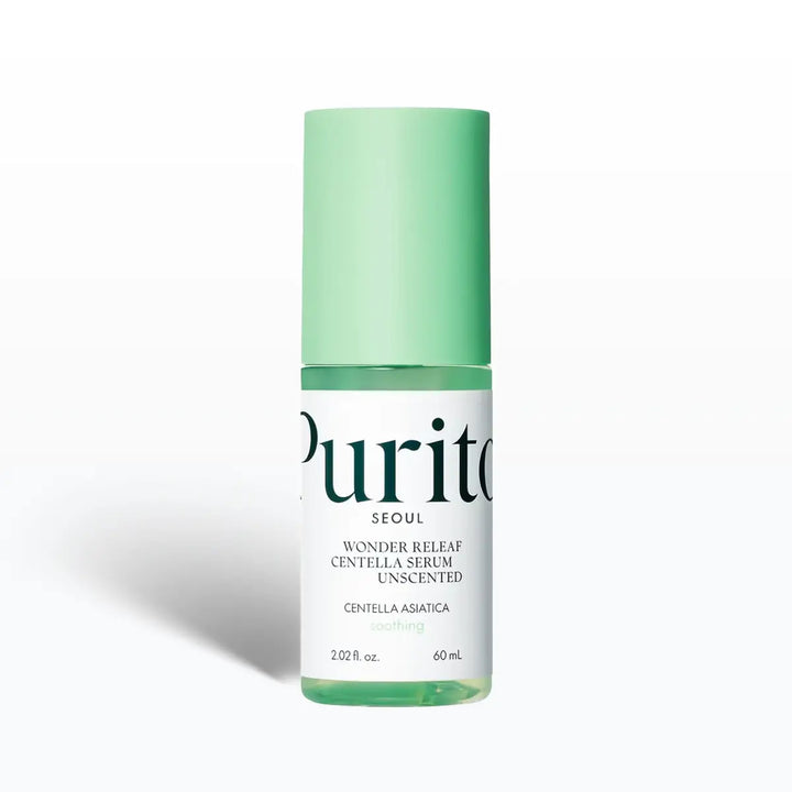 Purito serum bottle with green cap on a white background