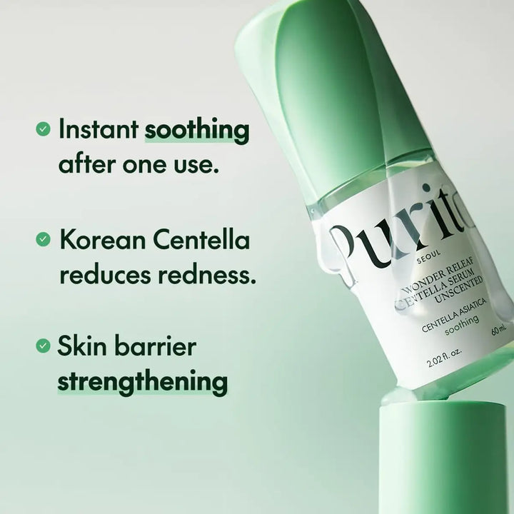 Purito serum bottle with text highlighting its benefits on a light green background