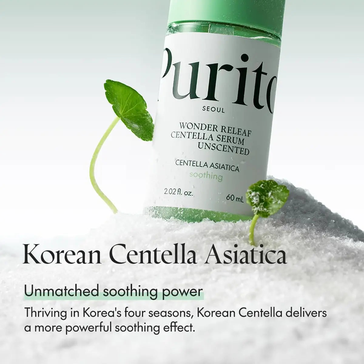 Purito Wonder Releaf Centella Serum bottle with green leaves on a light gray background