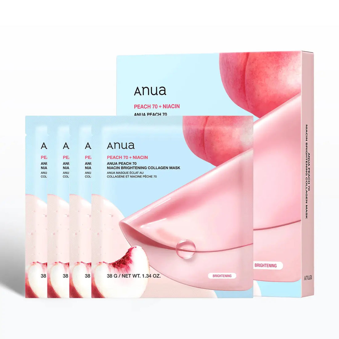 Anua peach 70 + niacin collagen mask packaging on a white background