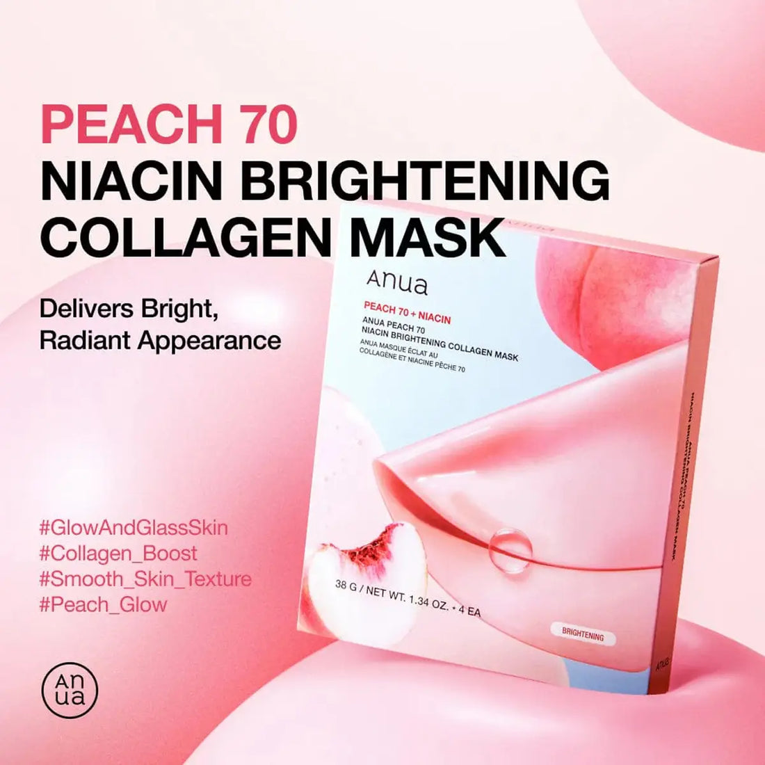 Anua Peach 70 Niacin Brightening Collagen Mask packaging on a pink background