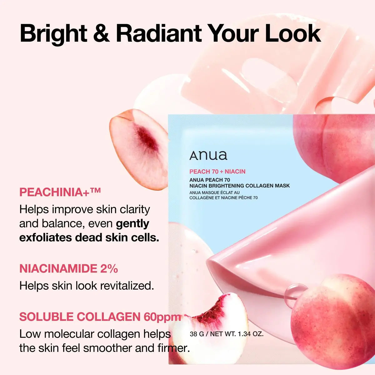 Anua Peach 70+ Niacin skincare mask packaging with text highlighting benefits on a white background.