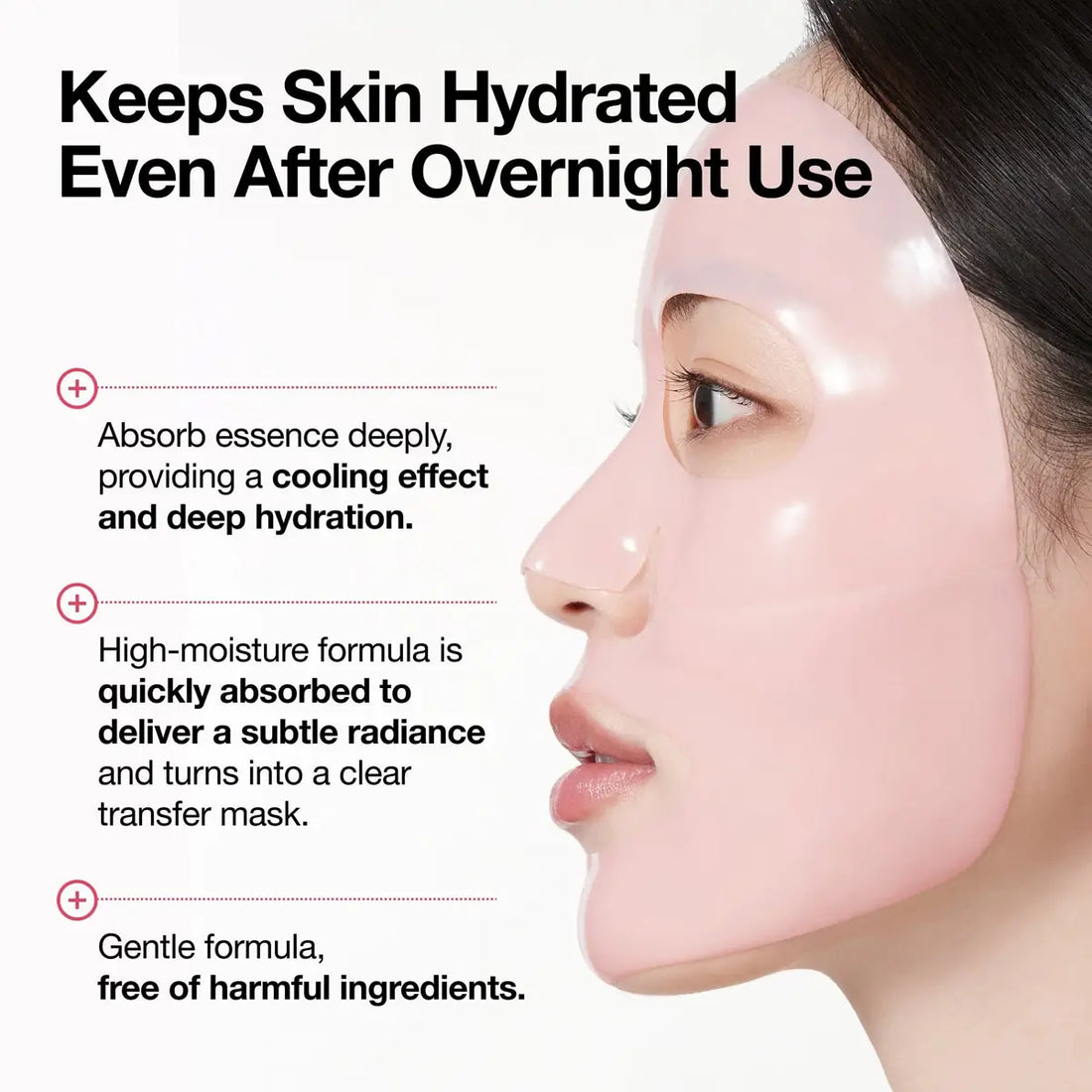 Woman wearing a face mask with text highlighting its benefits