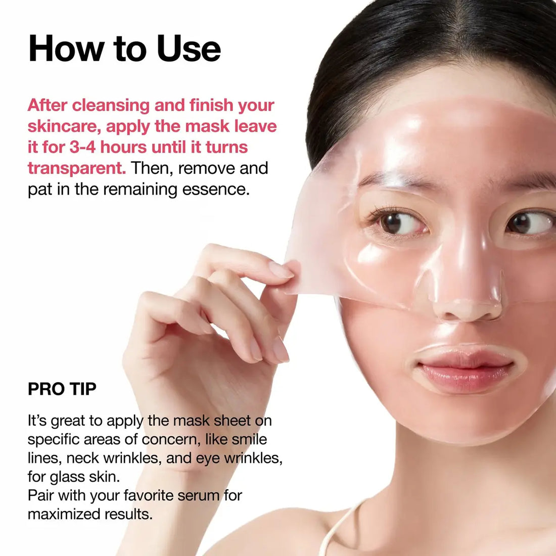 Woman applying a face mask with usage instructions on a white background