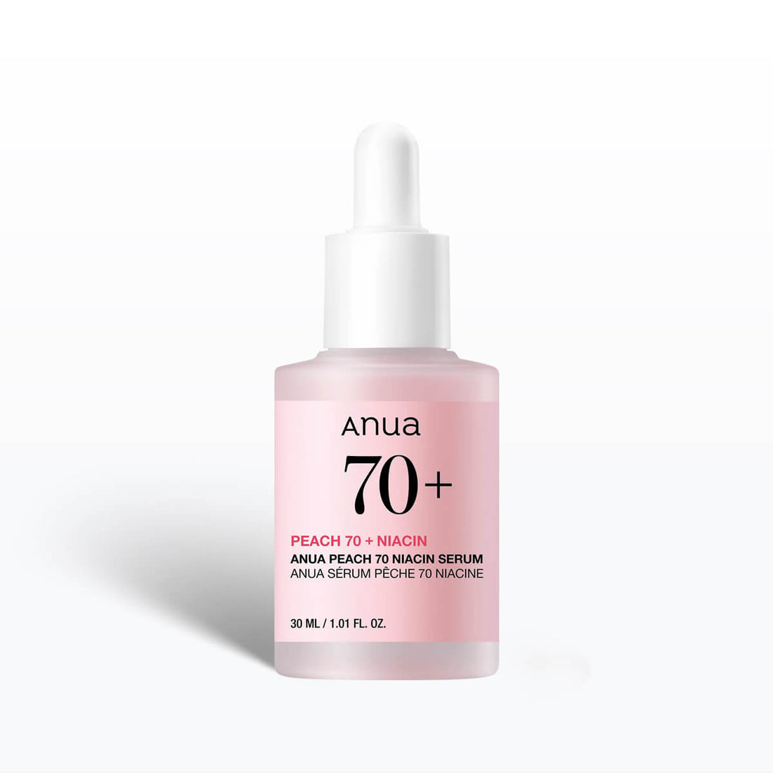 Anua Peach 70+Niacin serum bottle on a white background