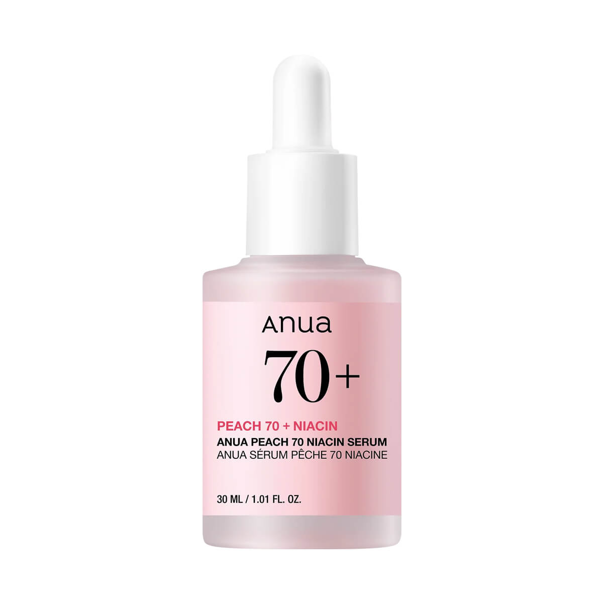Anua Peach 70 + Niacin serum bottle on a white background