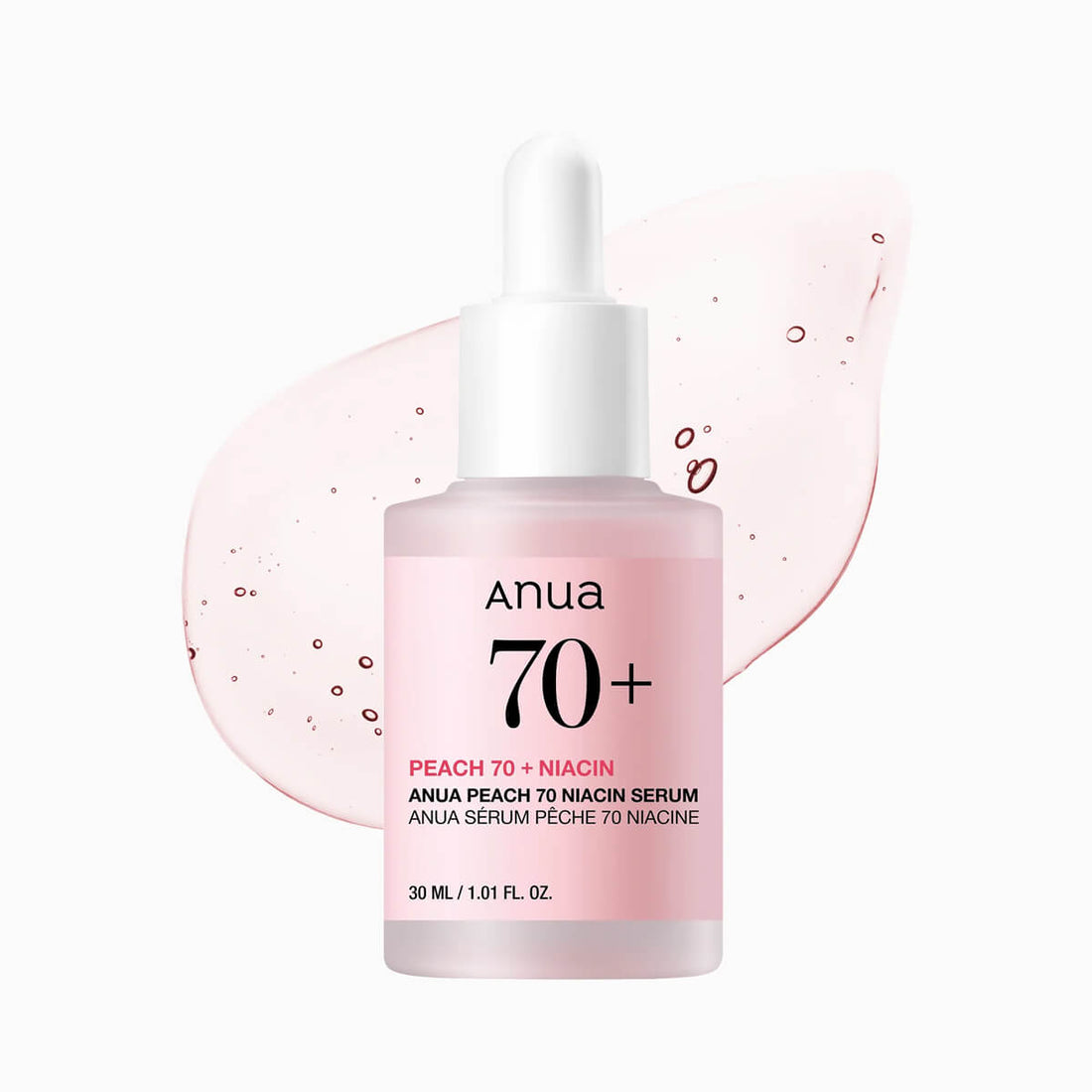 Anua Peach 70 + Niacin serum bottle on a white background