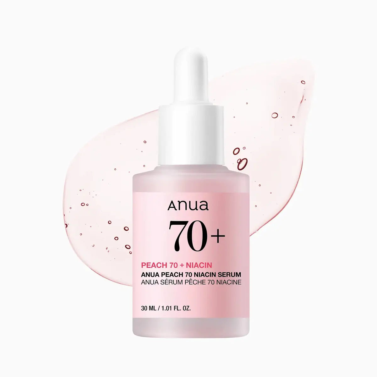 Anua Peach 70 + Niacin serum bottle on a white background