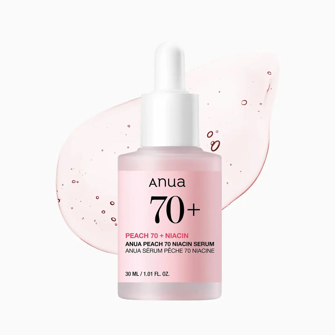 Anua Peach 70 + Niacin serum bottle on a white background