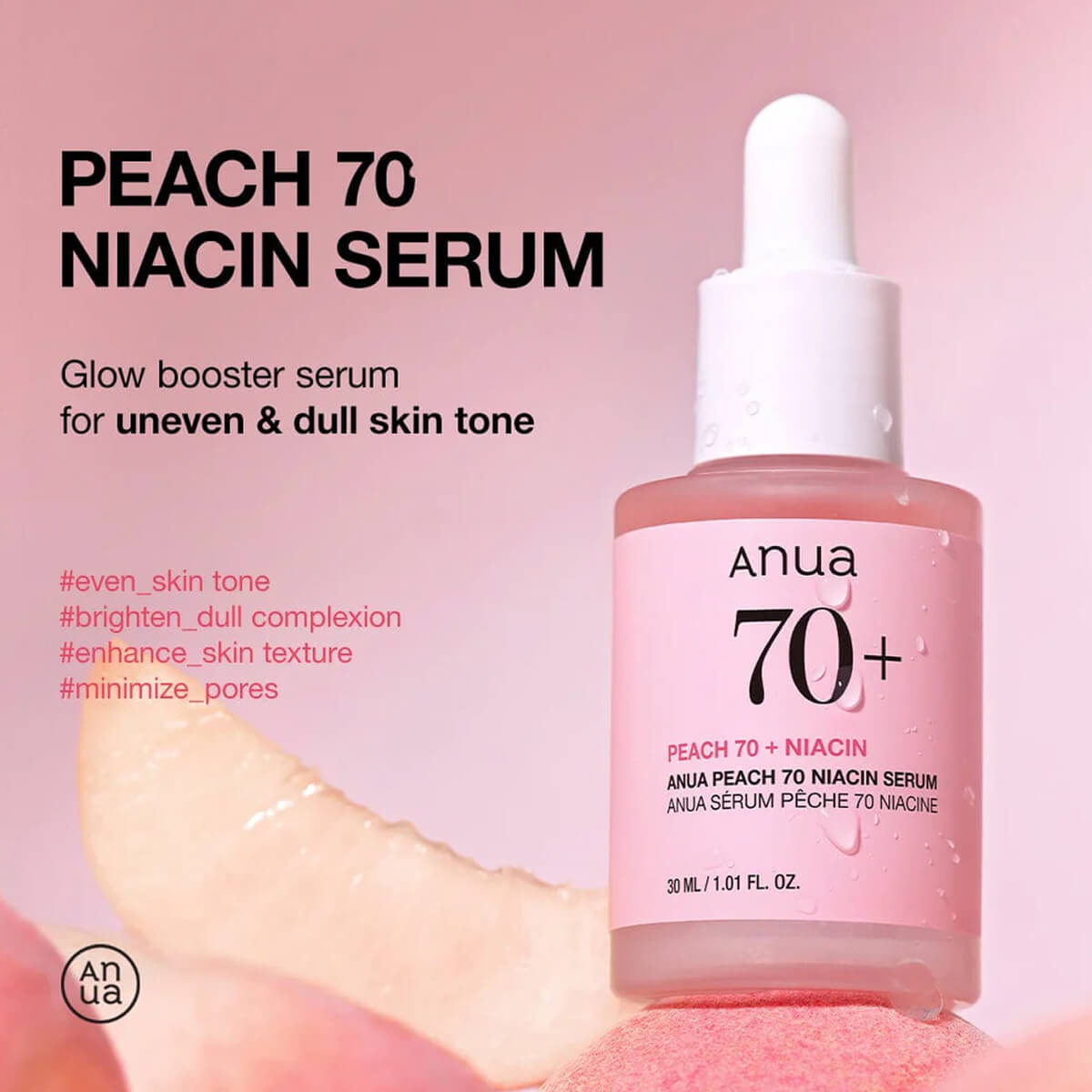 Anua Peach 70+ Niacin Serum bottle with pink background and text.