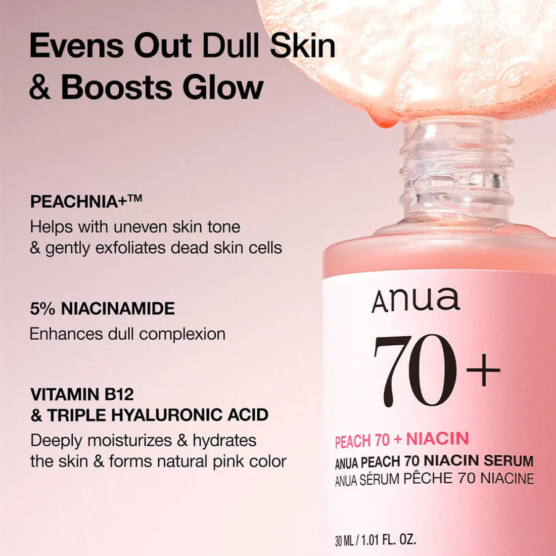 Anua 70+ Peach Niacin Serum bottle with product features on a pink background