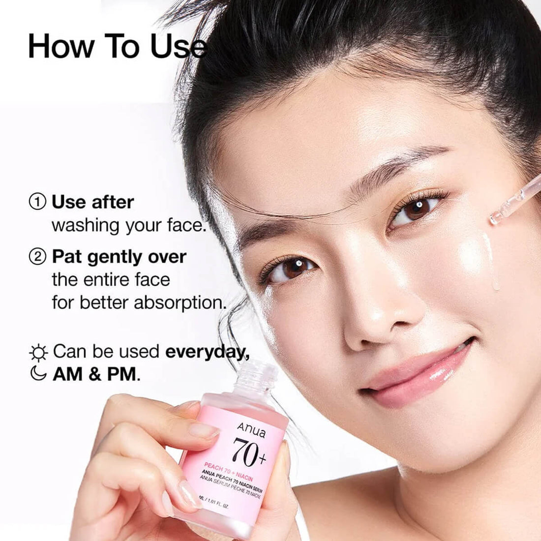 Woman using skincare product with text on how to use it