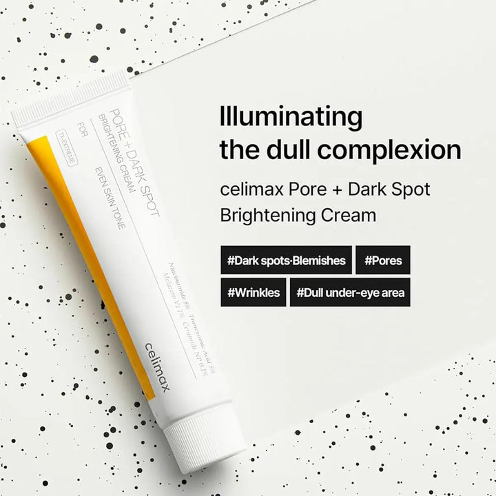 celmax Pore + Dark Spot Brightening Cream tube on a white background with text highlighting product benefits.