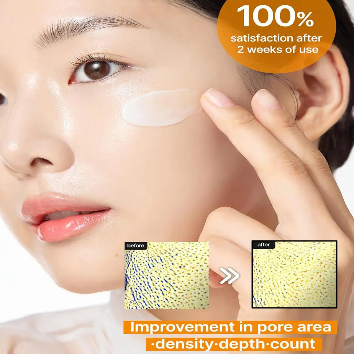 Woman applying skincare product with before and after improvements in pore area shown.