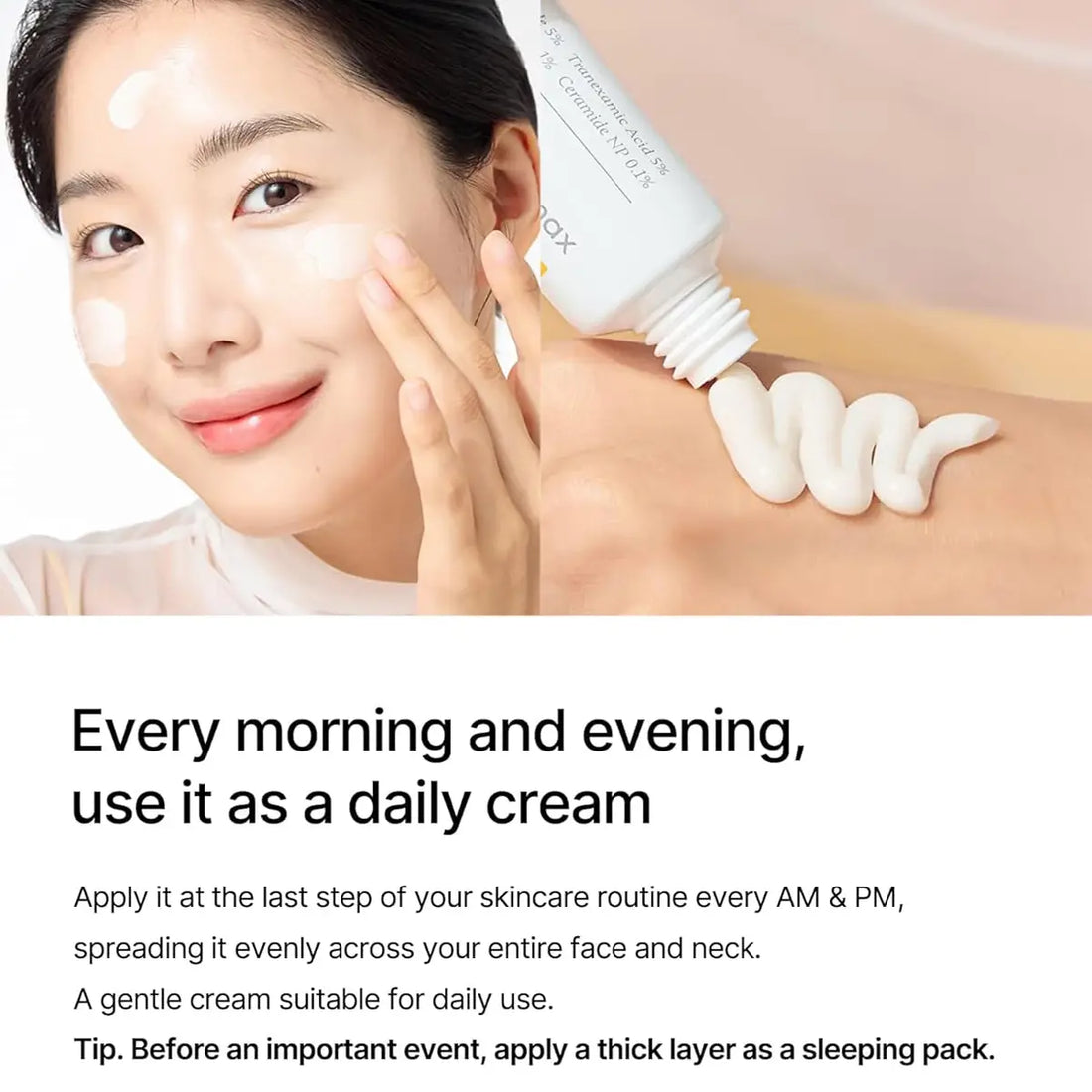 Woman applying Celimax Pore+Dark Spot Brightening Cream to her face with a bottle, text about daily cream usage.