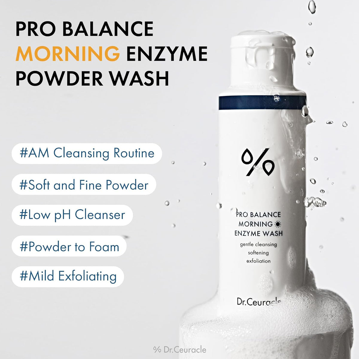 Dr. Ceuracle Pro Balance Morning Enzyme Powder Wash bottle with product details on a light gray background