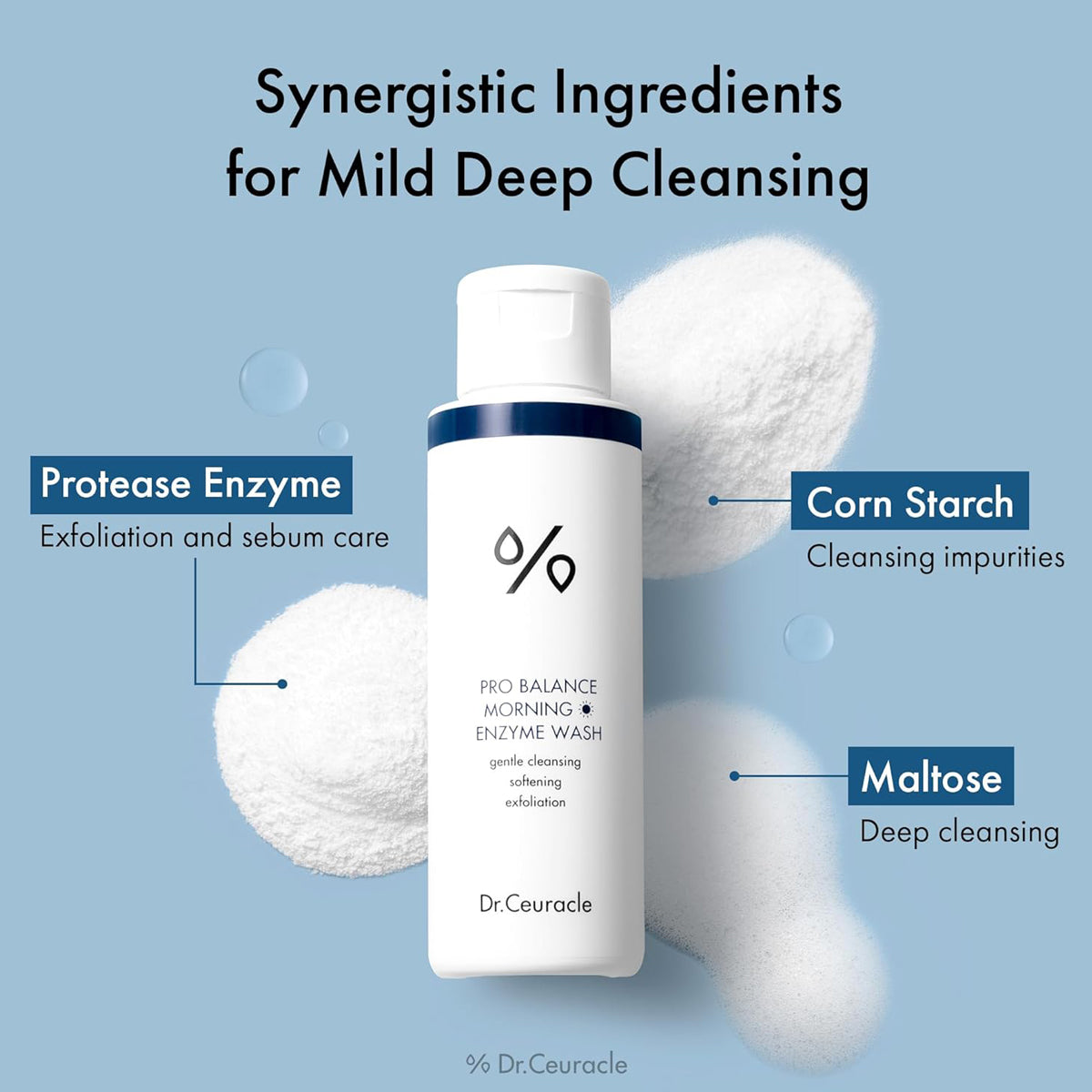 Dr.Ceuracle enzyme wash bottle with ingredients on a blue background