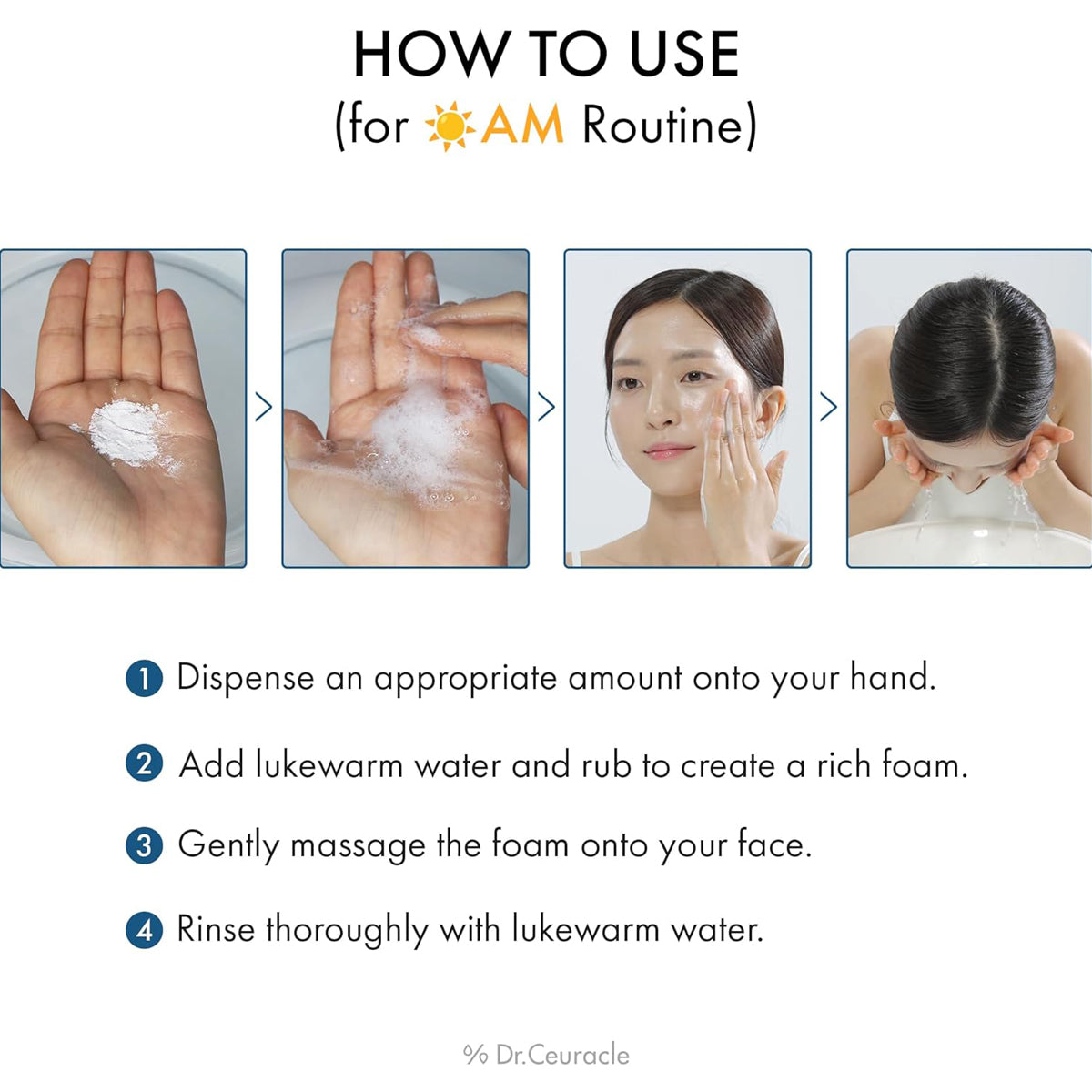 Step-by-step guide on how to use a skincare product with images and text.