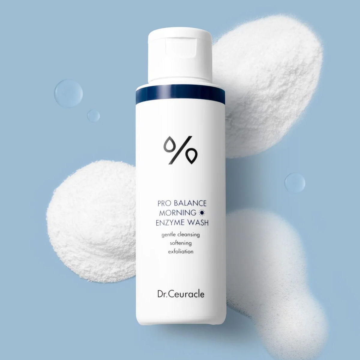 Dr. Ceuracle Pro Balance Morning Enzyme Wash bottle with white applicators on a light blue background