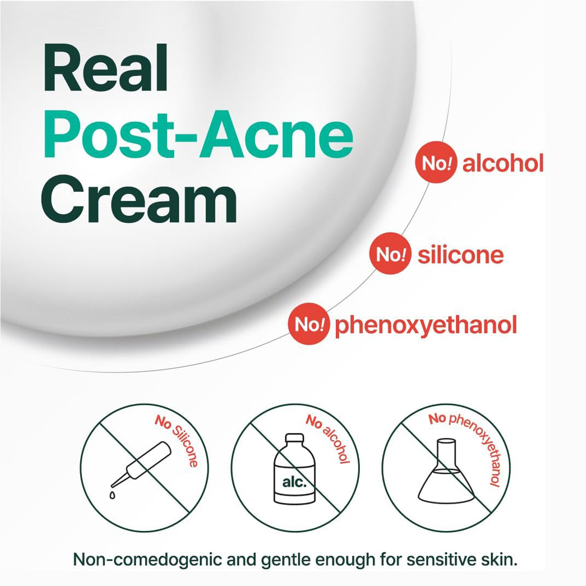 Advertisement for 'Real Post-Acne Cream' with ingredients not to be used, on a white background.