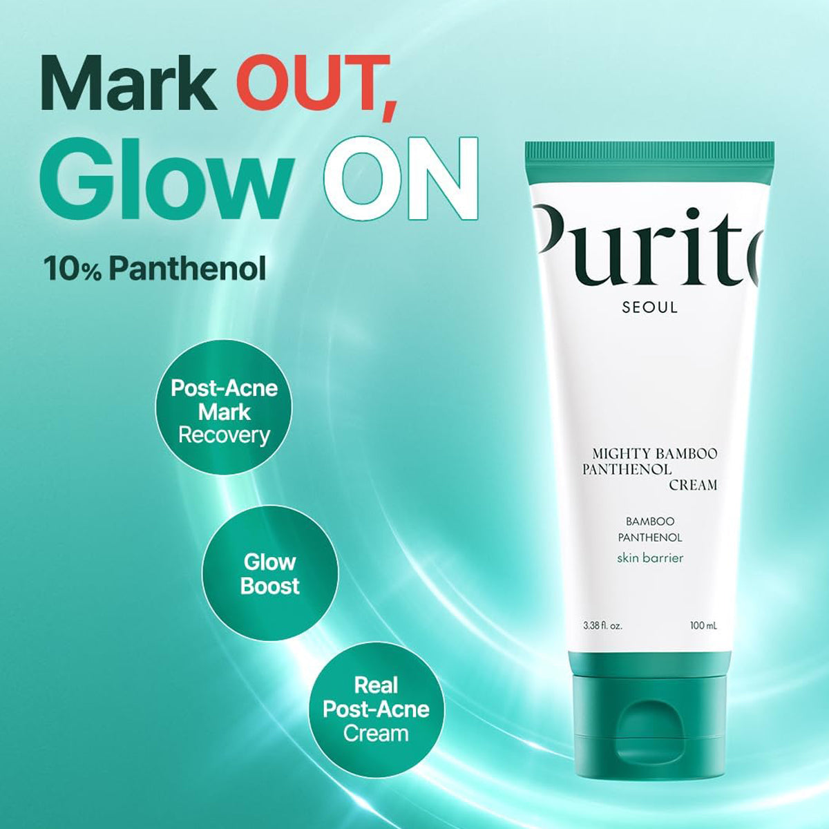 Purito Mighty Bamboo Panthenol Cream tube on a light blue background with promotional text.