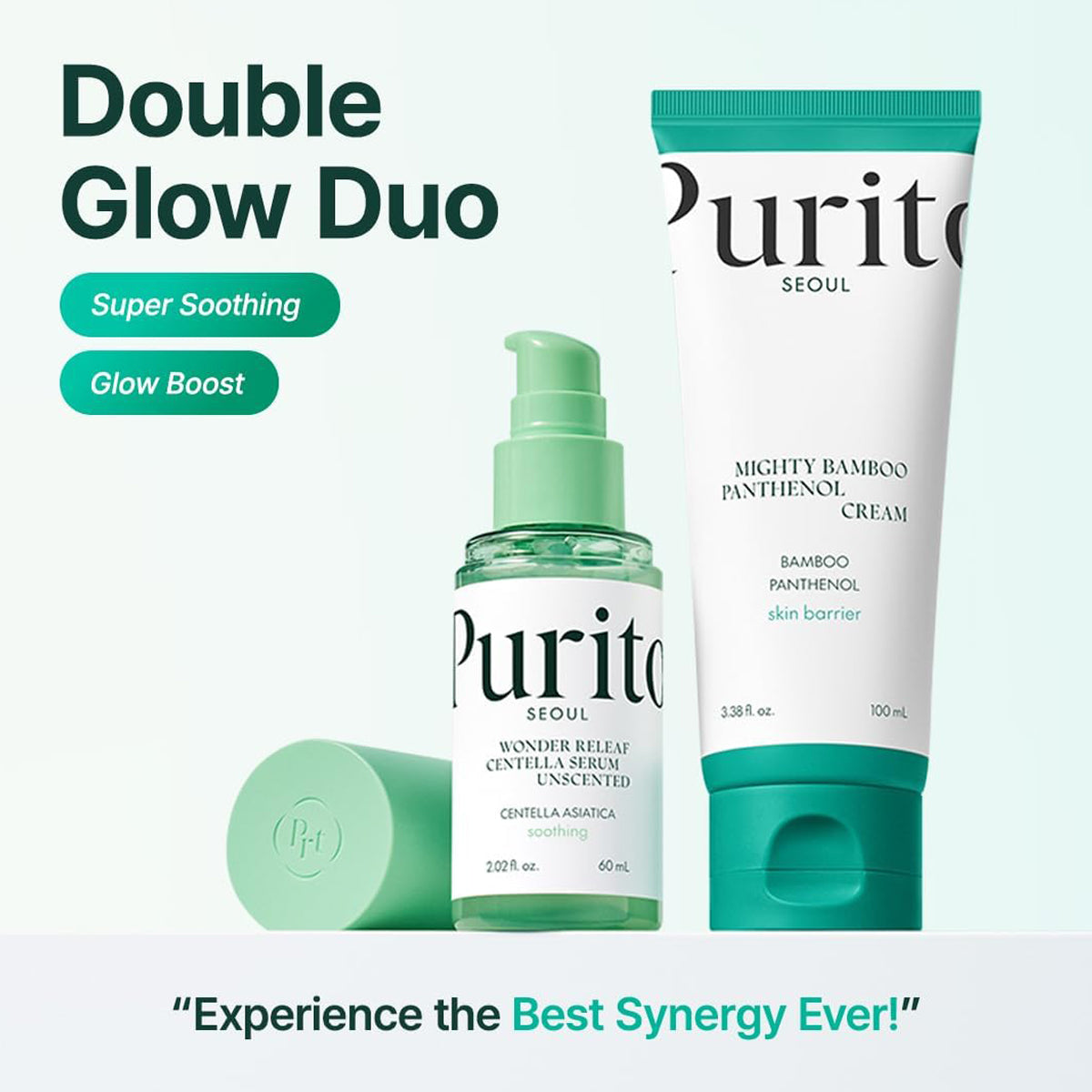 Purito skincare products with 'Double Glow Duo' text on a light green background
