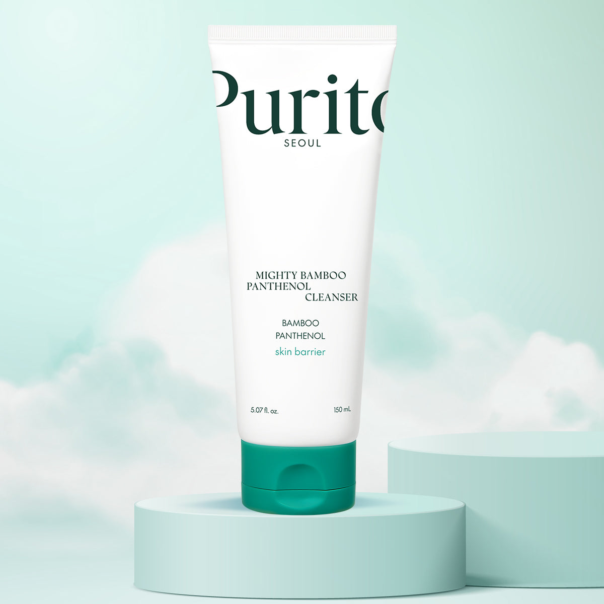 Tube of Purito Mighty Bamboo Panthenol Cleanser on a light blue background