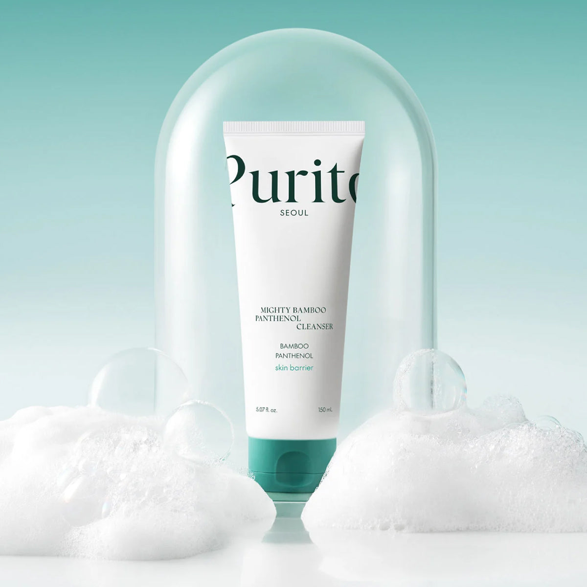 Purito skincare product with bubbles on a light blue background