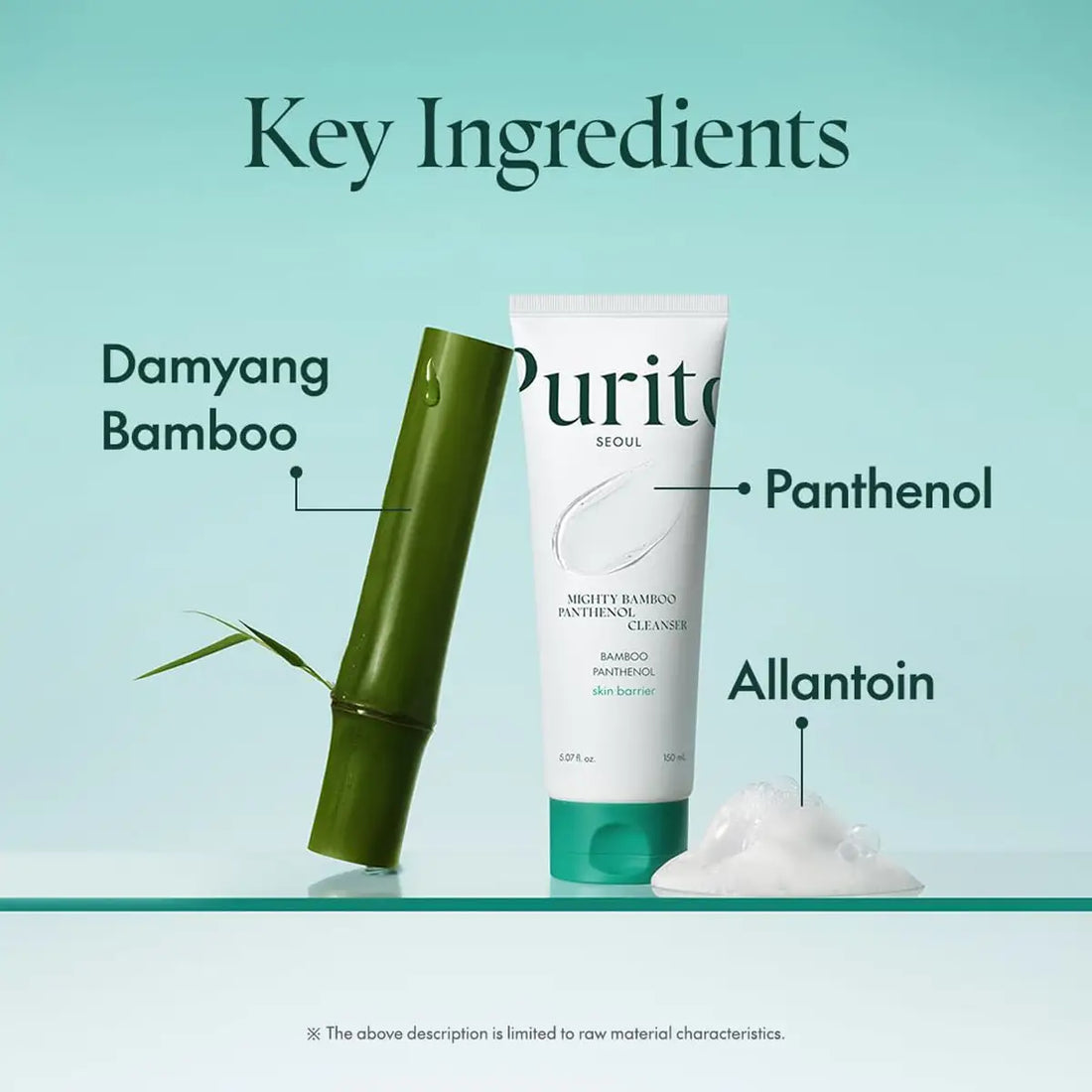 Tube of Purito cleanser with bamboo and foam on a light blue background, highlighting key ingredients.
