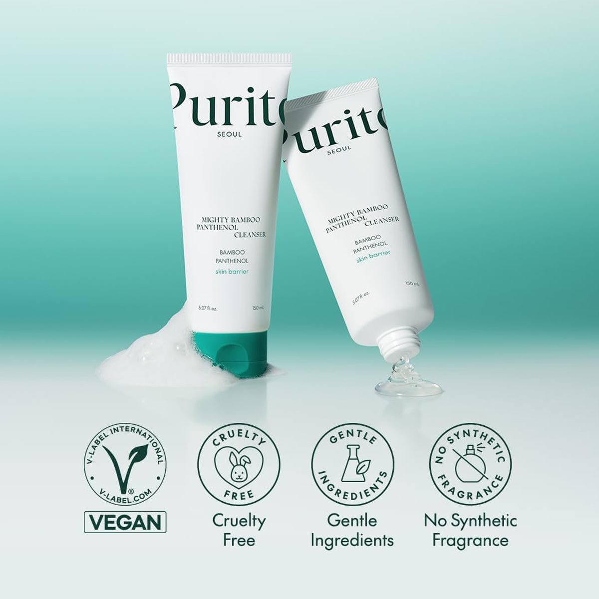 Two tubes of Purite skincare product with certification icons on a light blue background