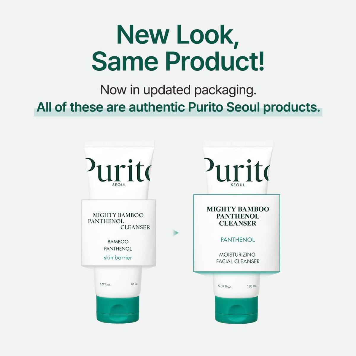 Two bottles of Purito Seoul Mighty Bamboo Panthenol Cleanser on a white background with text about updated packaging.