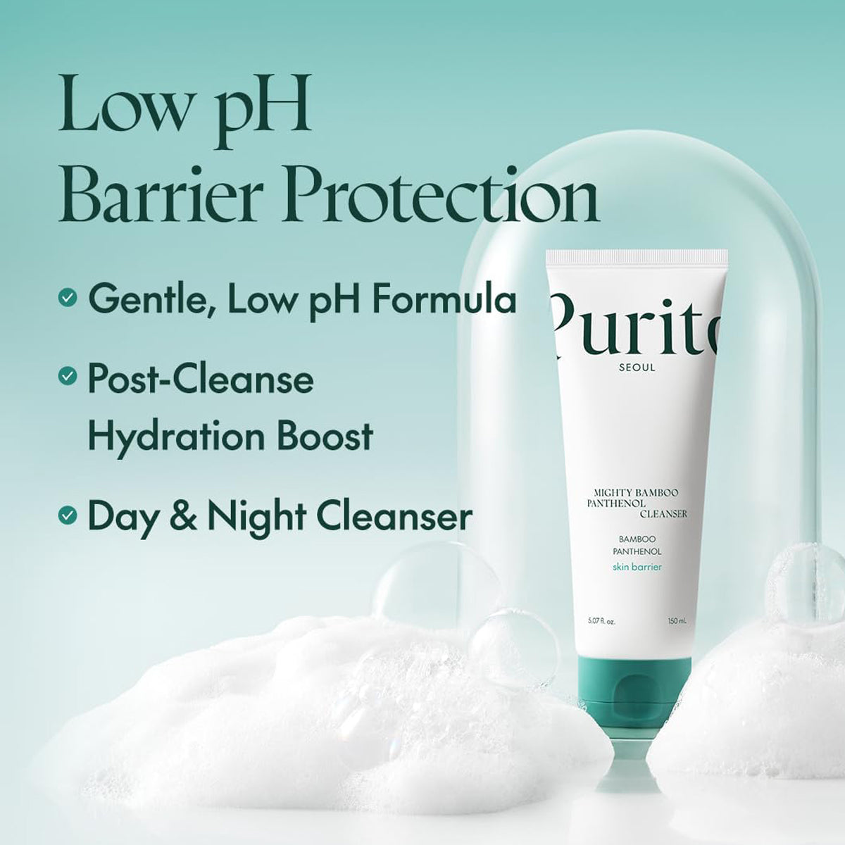Purito cleanser tube with text about low pH barrier protection on a light blue background