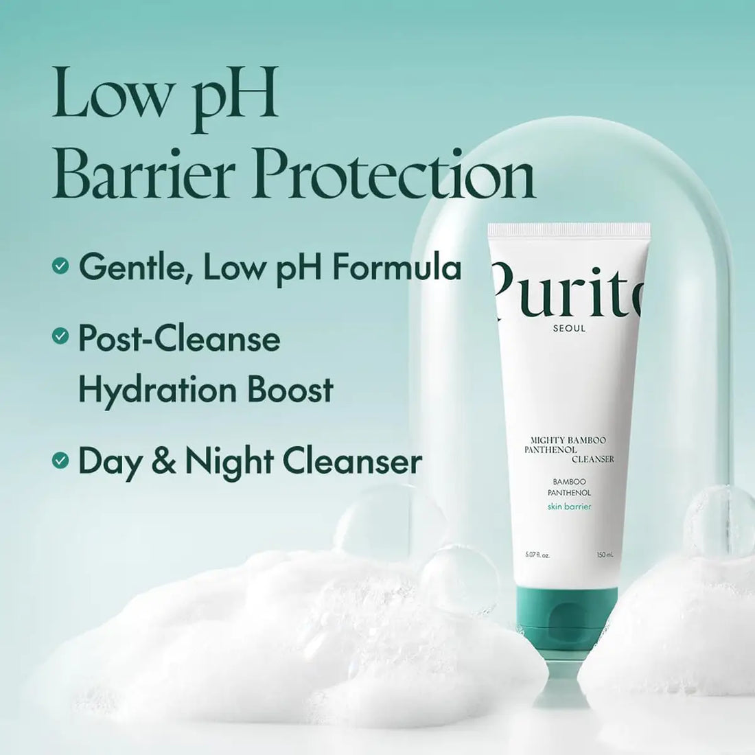 Purito cleanser with foam on a light blue background