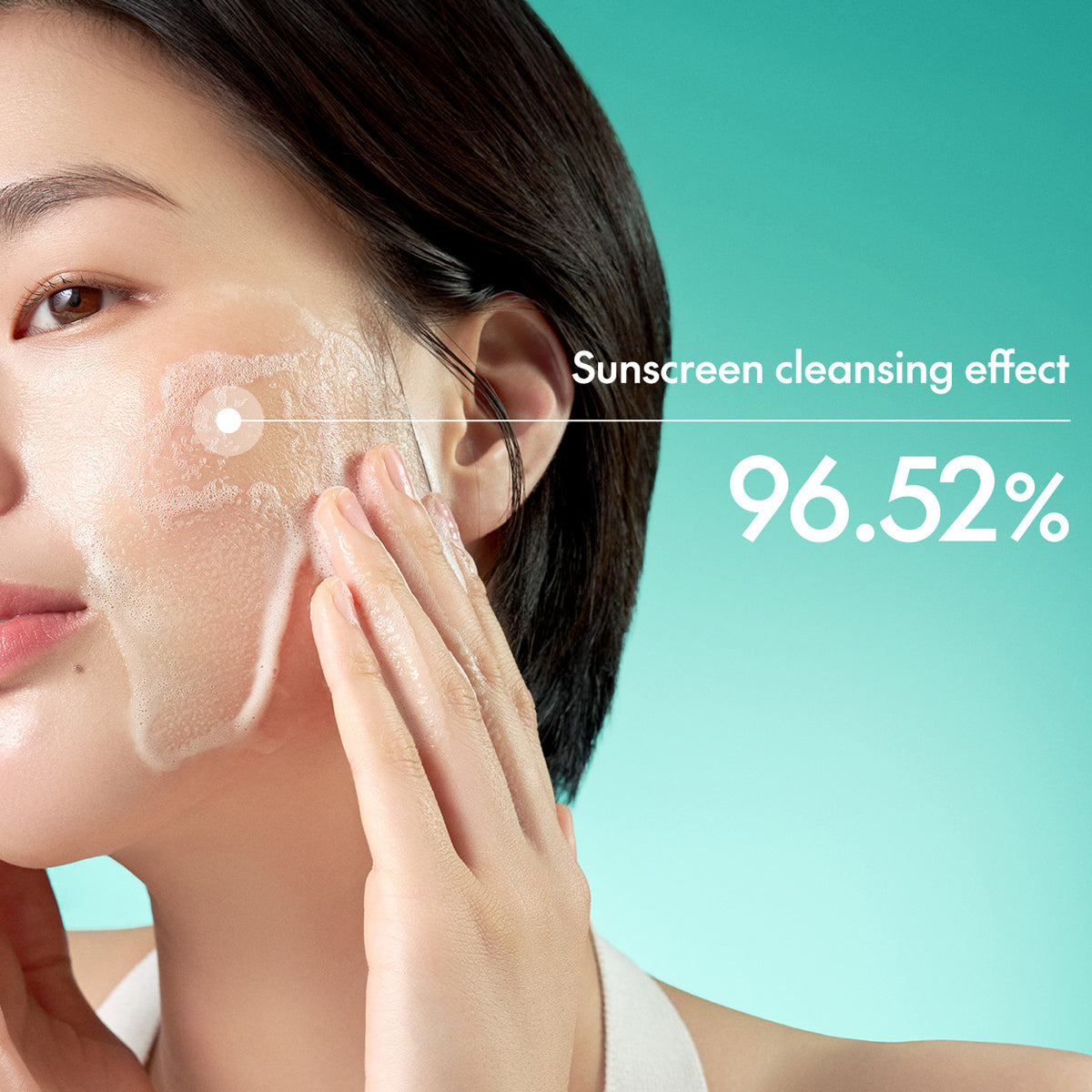 Woman applying sunscreen with text indicating 'Sunscreen cleansing effect 96.52%' on a teal background