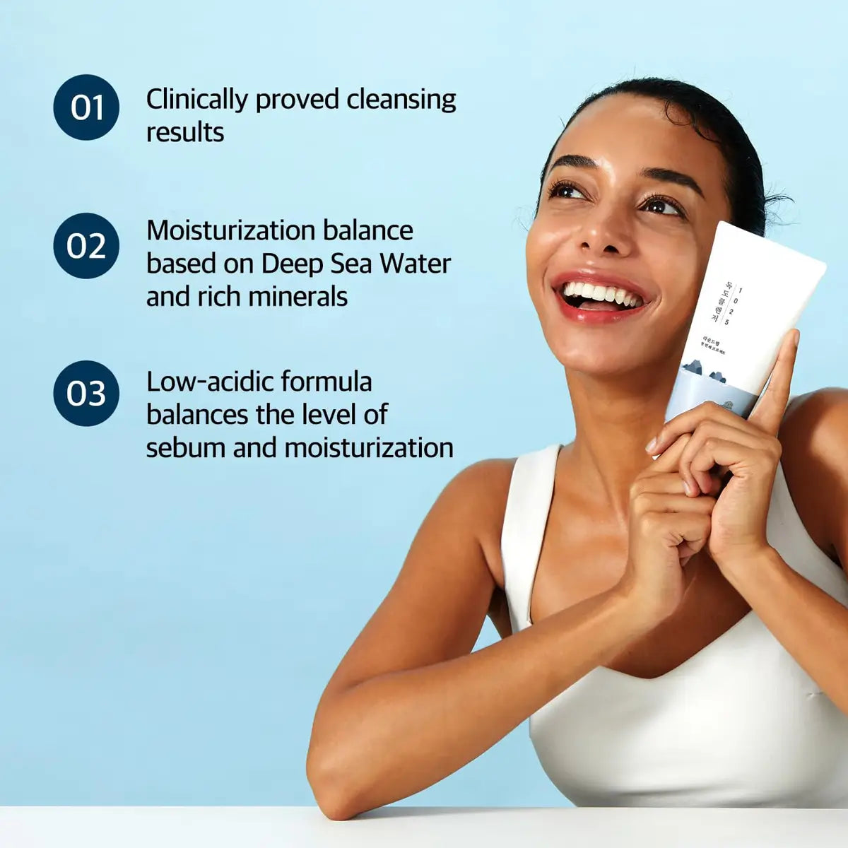 Woman holding a skincare product with text about clinical proven cleansing results, moisturization balance, and low-acidic formula on a light blue background.
