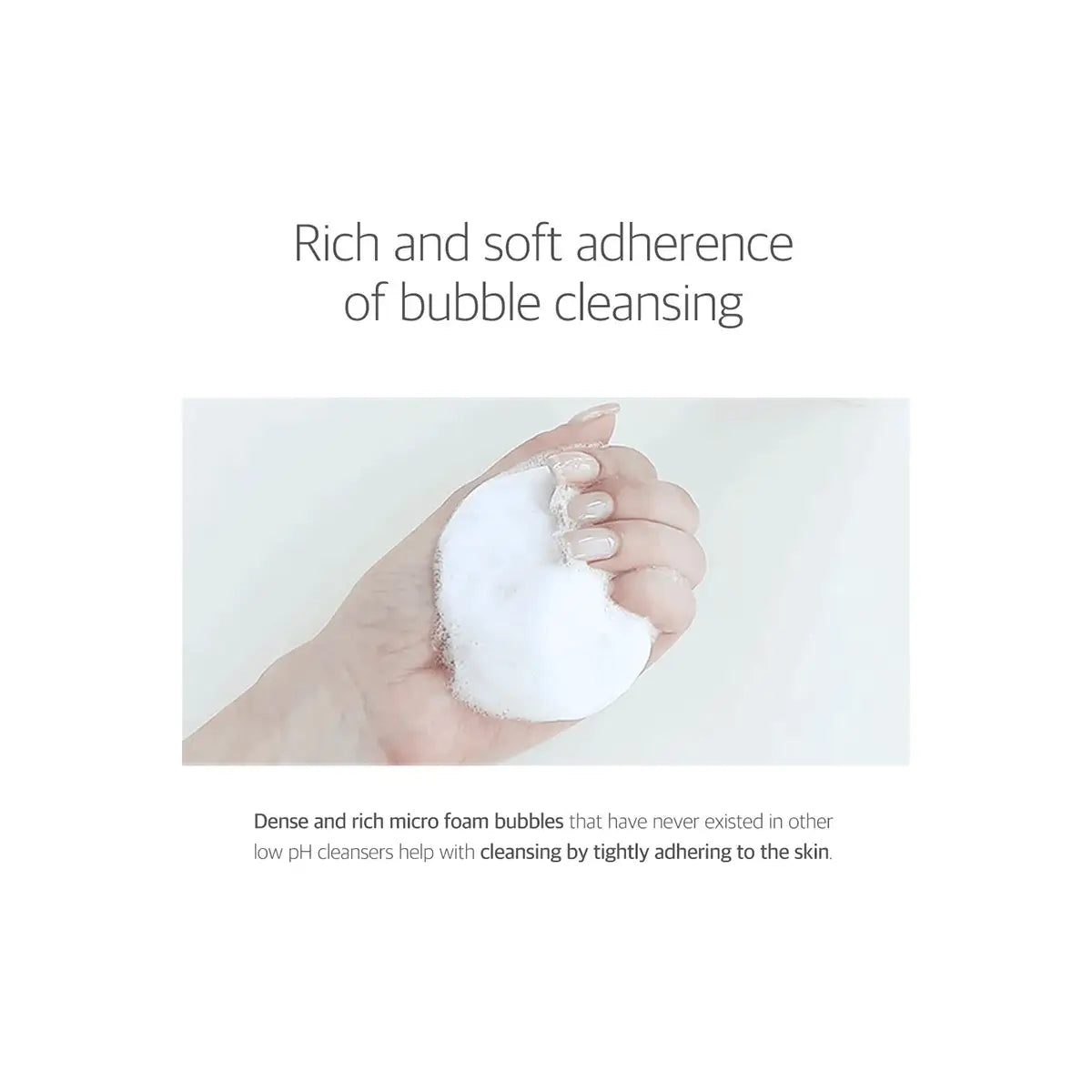 Hand holding a white foam product with text about bubble cleansing on a light gray background
